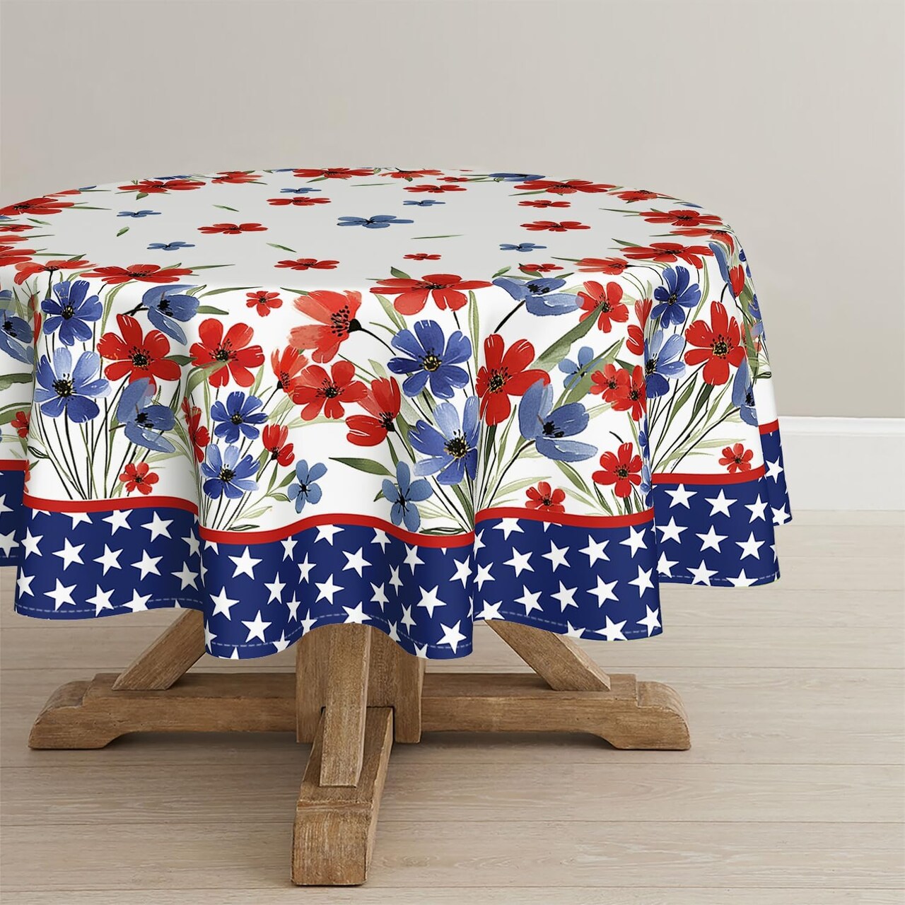 4th of July Tablecloth 70x70 Inch Round, Patriotic Watercolor Poppy Flowers Independence Day Memorial Day Table Cover for Party Picnic Dinner Decor